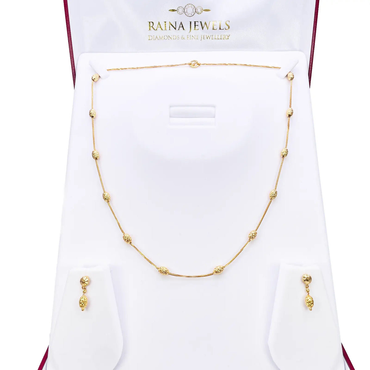 22ct Yellow Gold Diamond Cut Beaded Slip-On Necklace & Matching Drop Earrings 