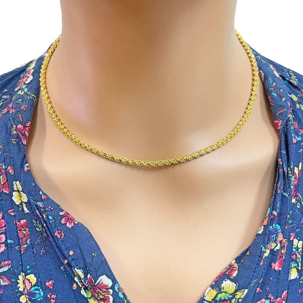 22ct Yellow Gold Diamond Cut Beaded Twisted Necklace 18 Inches 3.3mm Width 