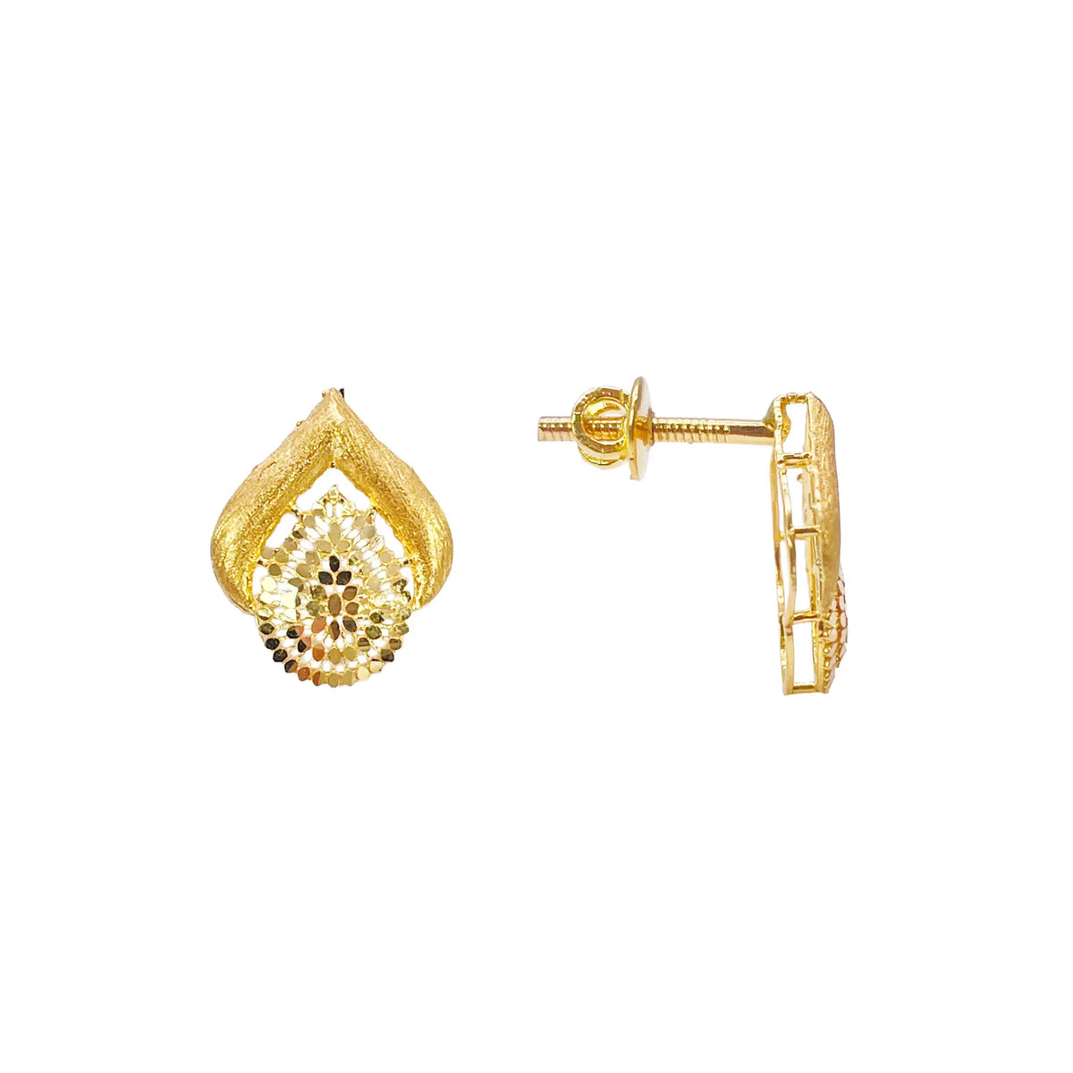 22ct Yellow Gold Diamond-Cut Brushed Teardrop Stud Earrings  Gold Necklace