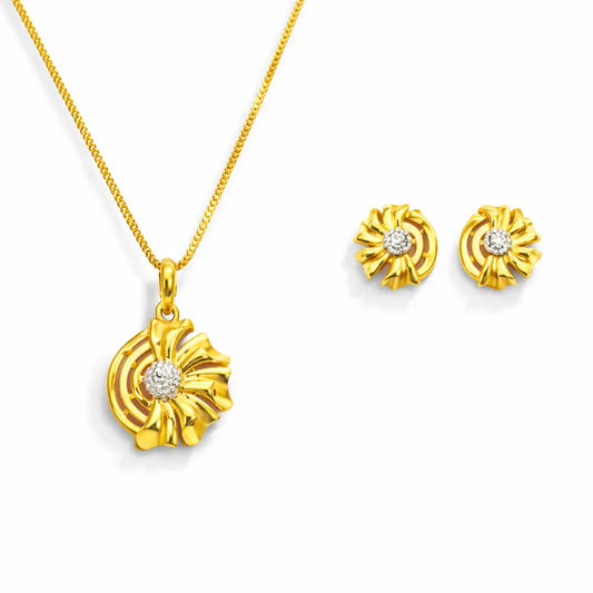 22ct Yellow Gold Diamond Cut Design Two Tone Earrings, Pendant & Chain Necklace  Gold Necklace