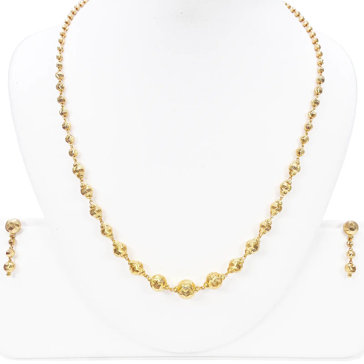 22ct Yellow Gold Diamond Cut Graduated Beaded Slip-On Necklace & Drop Earrings 