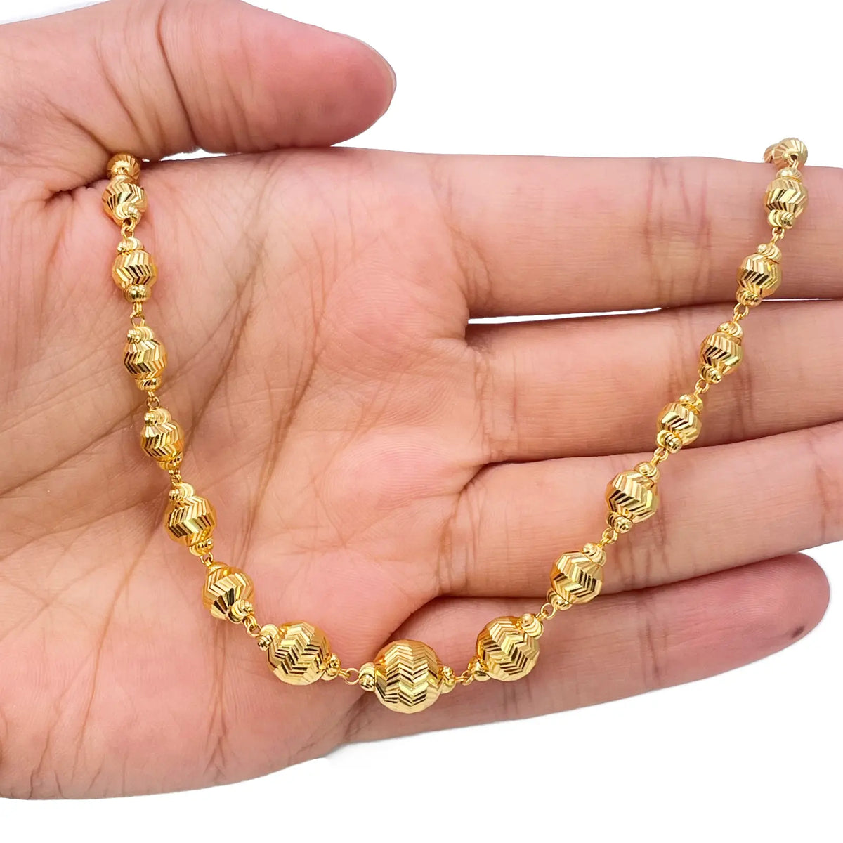 22ct Yellow Gold Diamond Cut Graduated Beaded Slip-On Necklace & Drop Earrings 