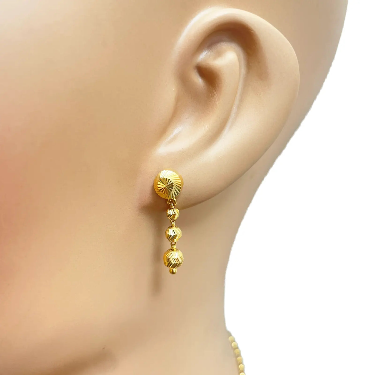22ct Yellow Gold Diamond Cut Graduated Beaded Slip-On Necklace & Drop Earrings 