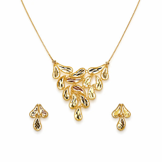 22ct Yellow Gold Diamond-Cut Milgrain Cascading Leaf Necklace & Earring Set  Gold Necklace