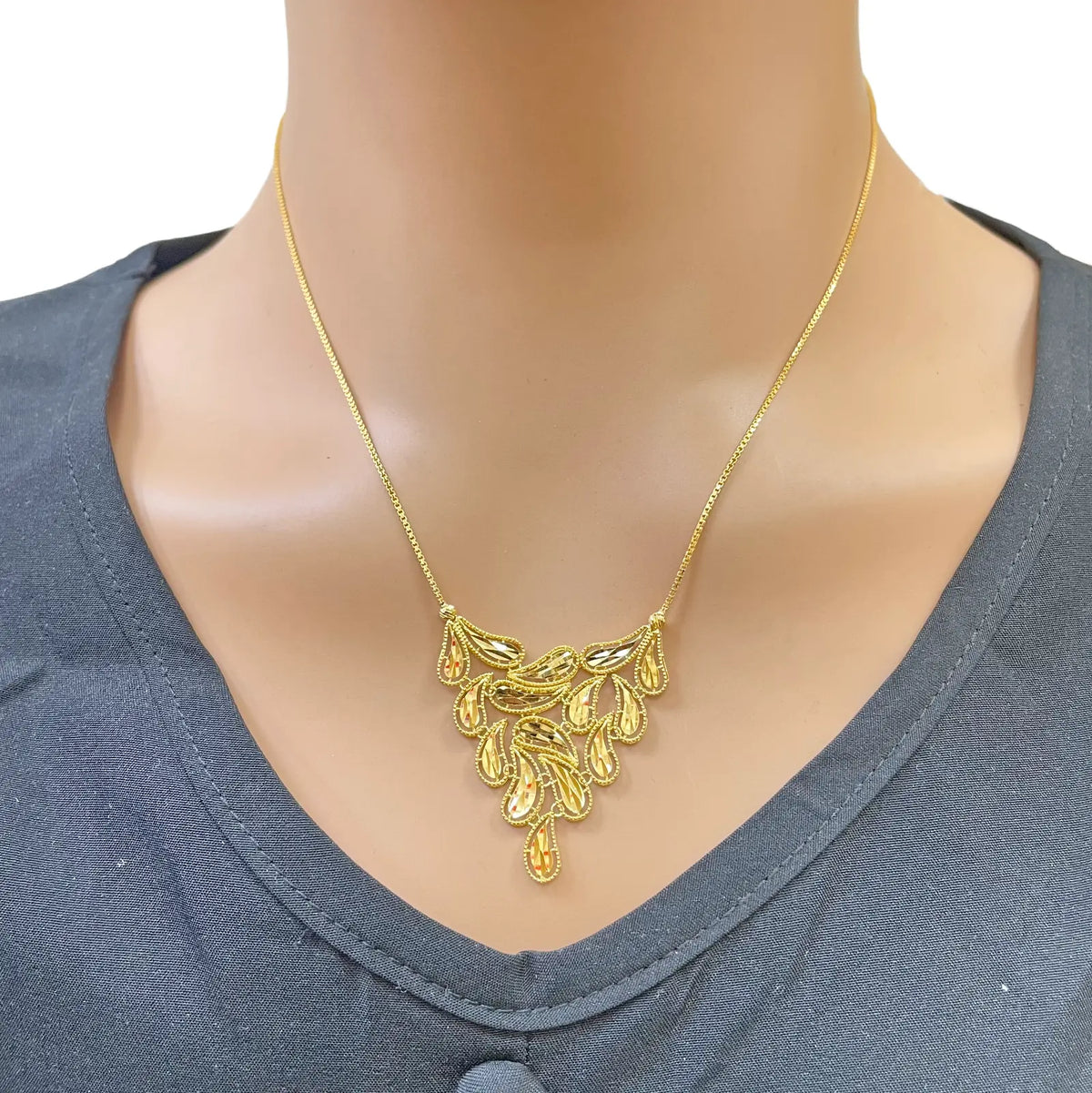 22ct Yellow Gold Diamond-Cut Milgrain Cascading Leaf Necklace & Earring Set  Gold Necklace
