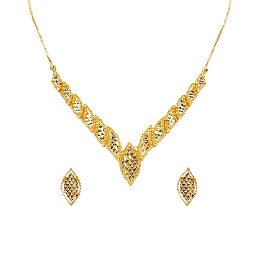 22ct Yellow Gold Diamond-Cut Milgrain Marquise V-Shape Necklace & Earring Set  Gold Necklace