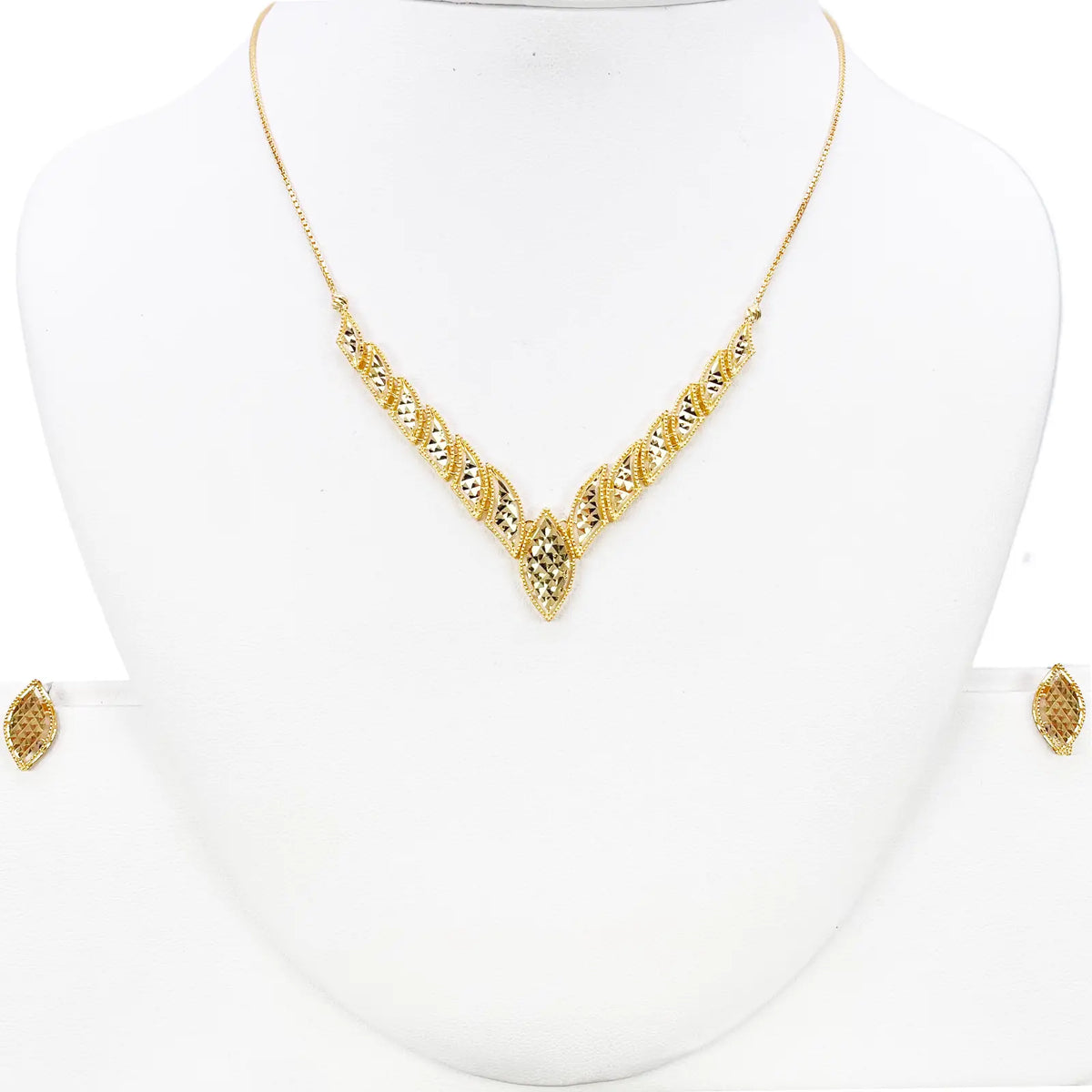 22ct Yellow Gold Diamond-Cut Milgrain Marquise V-Shape Necklace & Earring Set  Gold Necklace