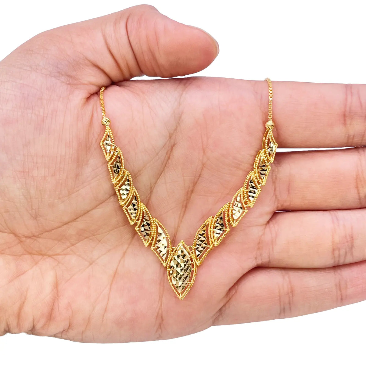 22ct Yellow Gold Diamond-Cut Milgrain Marquise V-Shape Necklace & Earring Set  Gold Necklace