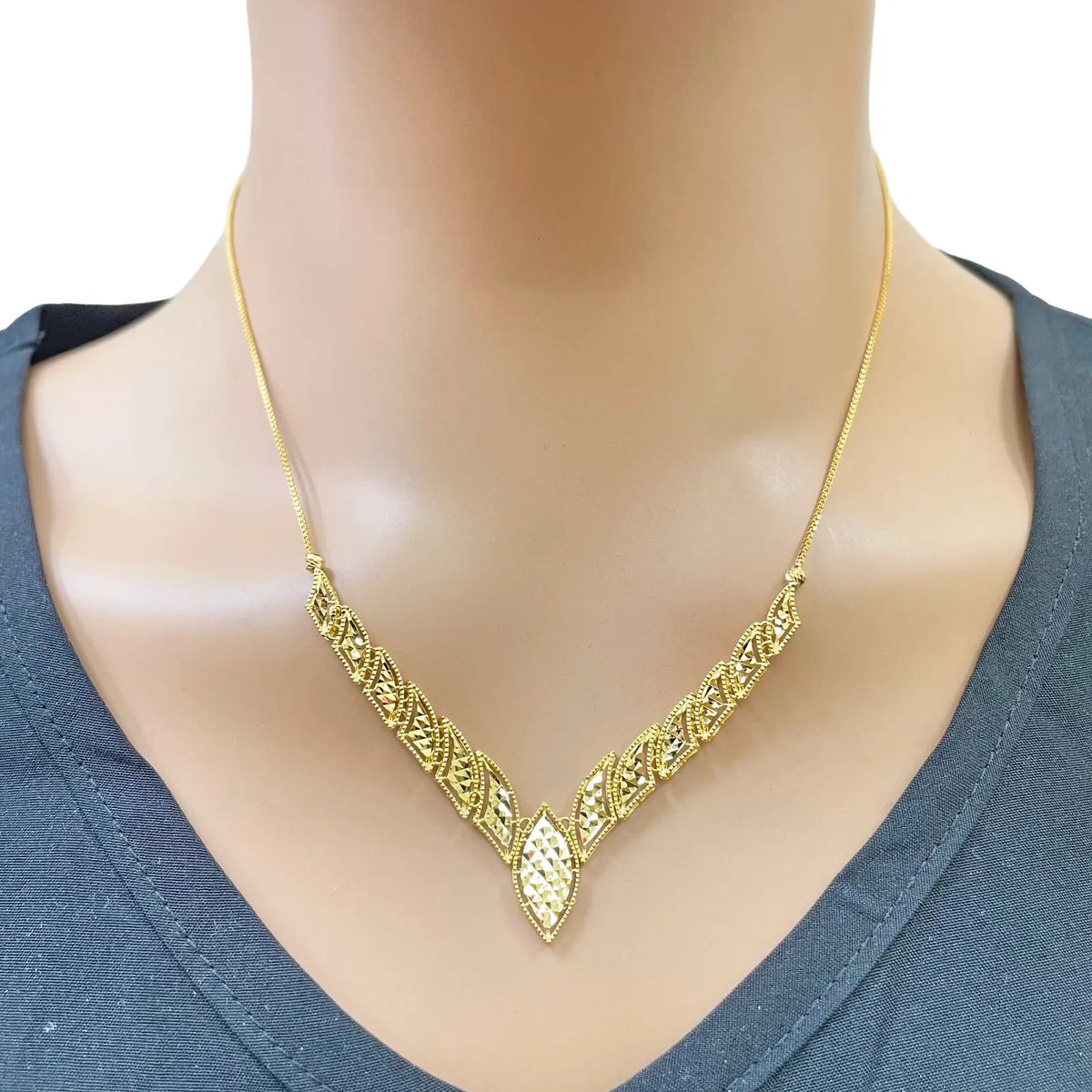 22ct Yellow Gold Diamond-Cut Milgrain Marquise V-Shape Necklace & Earring Set  Gold Necklace