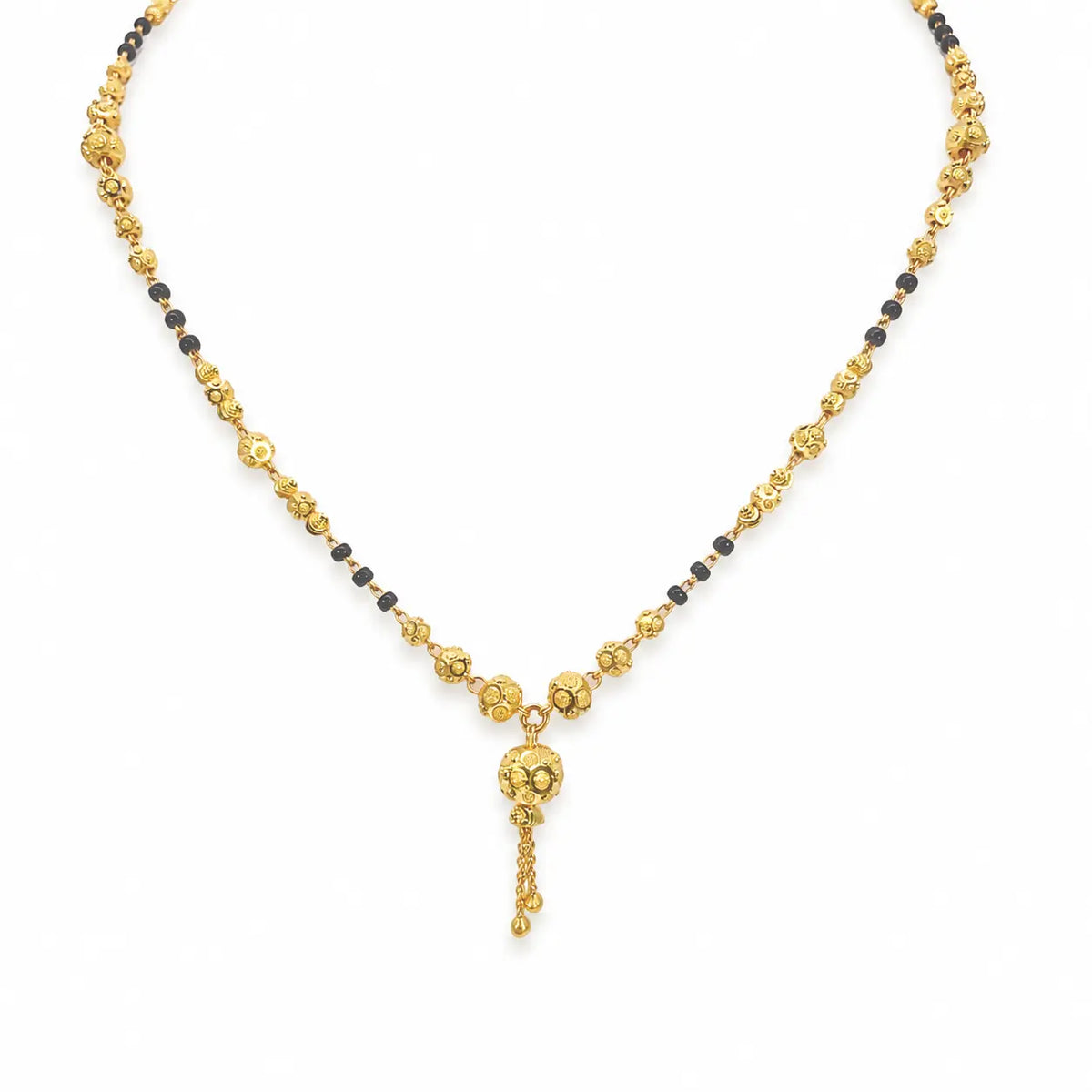 22ct Yellow Gold Diamond-Cut Textured Bead Tassel Drop Black Bead Mangalsutra Necklace  Gold Mangalsutra