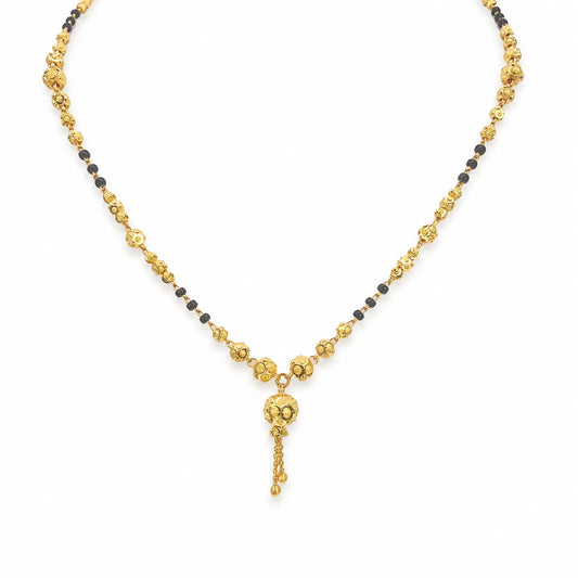 22ct Yellow Gold Diamond-Cut Textured Bead Tassel Drop Black Bead Mangalsutra Necklace  Gold Mangalsutra