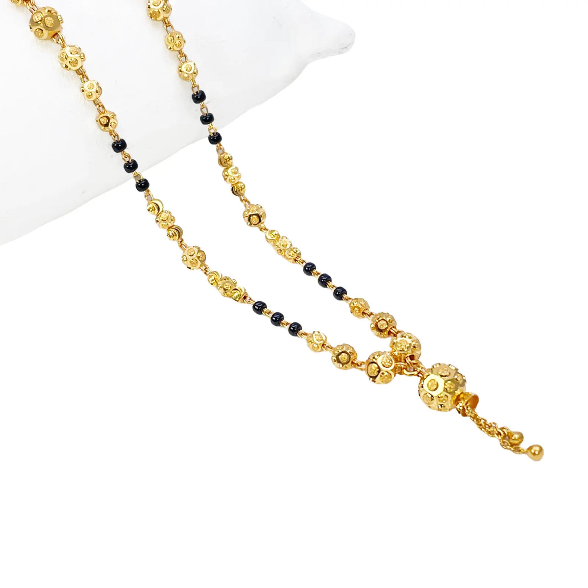22ct Yellow Gold Diamond-Cut Textured Bead Tassel Drop Black Bead Mangalsutra Necklace  Gold Mangalsutra