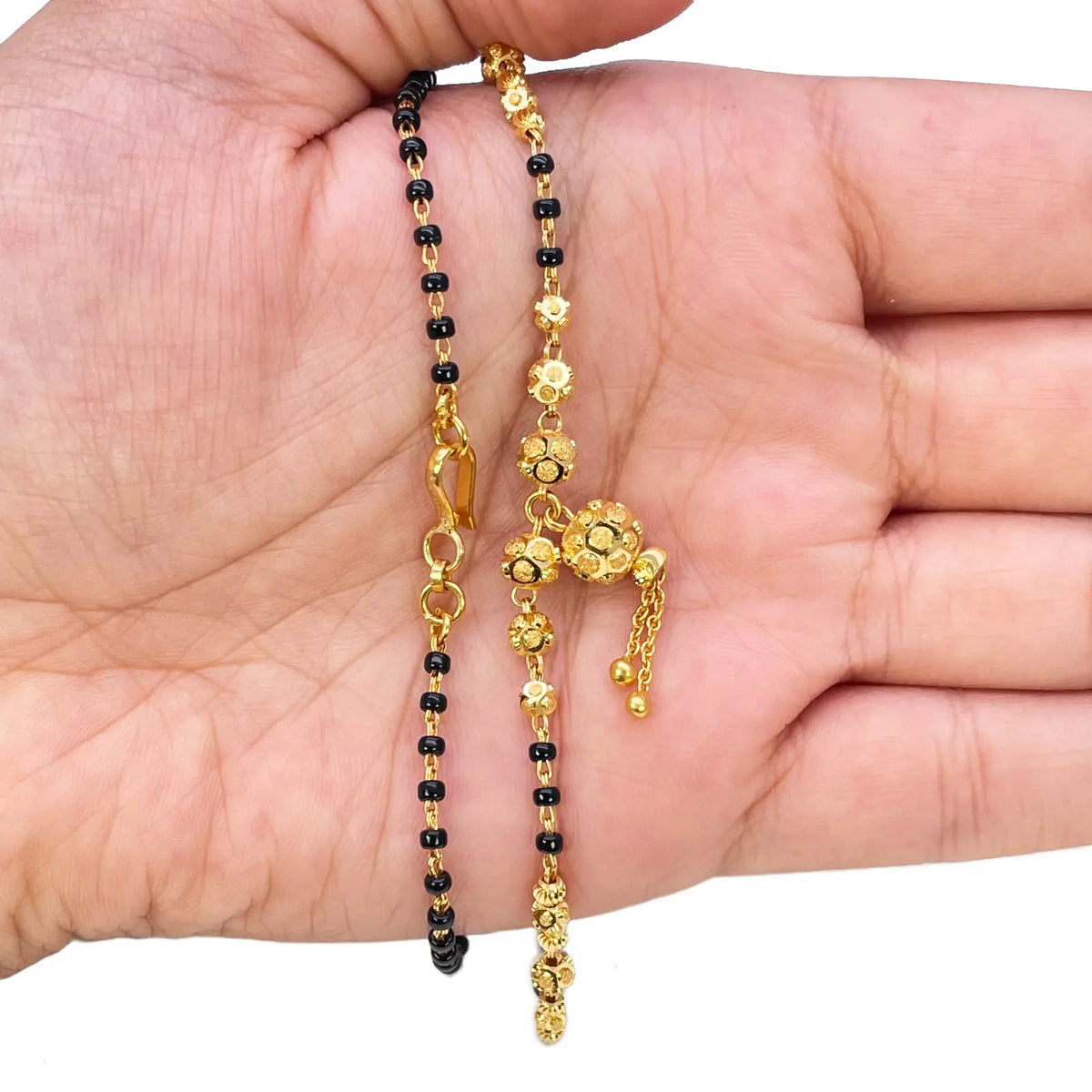 22ct Yellow Gold Diamond-Cut Textured Bead Tassel Drop Black Bead Mangalsutra Necklace  Gold Mangalsutra