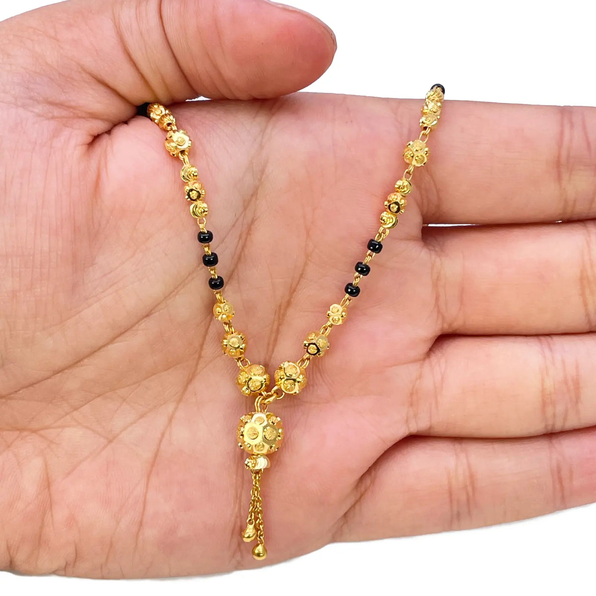 22ct Yellow Gold Diamond-Cut Textured Bead Tassel Drop Black Bead Mangalsutra Necklace  Gold Mangalsutra