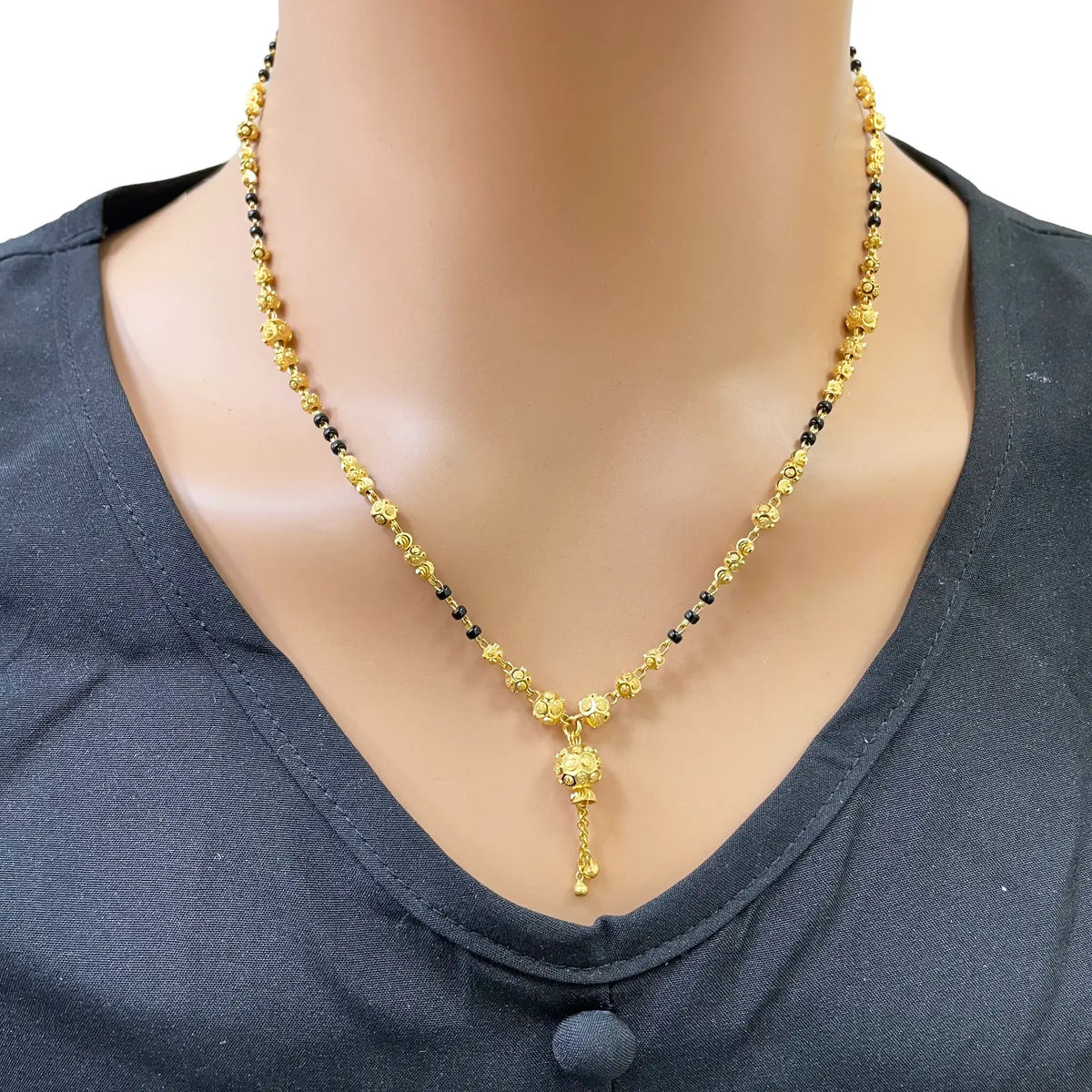 22ct Yellow Gold Diamond-Cut Textured Bead Tassel Drop Black Bead Mangalsutra Necklace  Gold Mangalsutra