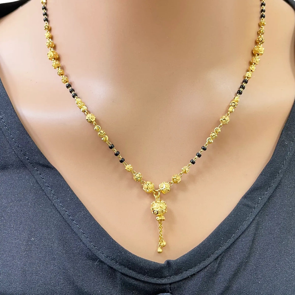 22ct Yellow Gold Diamond-Cut Textured Bead Tassel Drop Black Bead Mangalsutra Necklace  Gold Mangalsutra