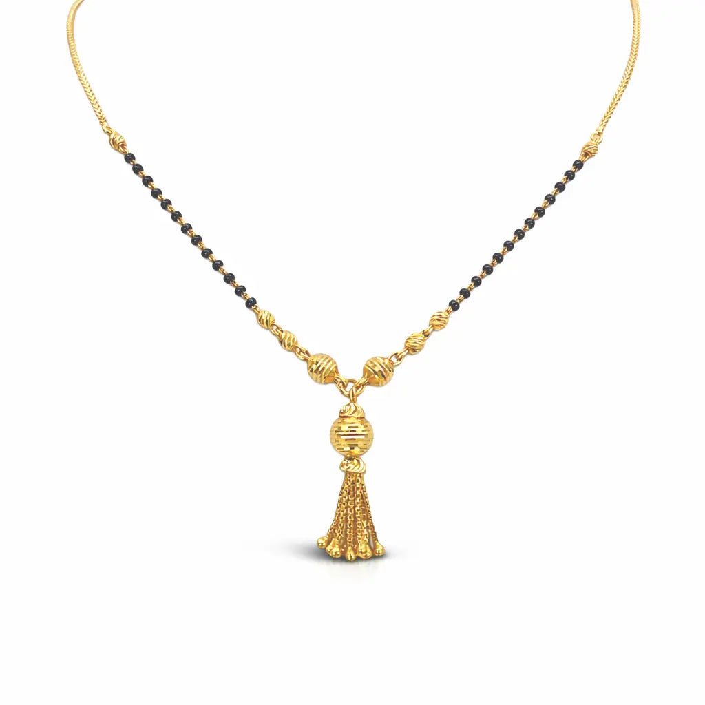 22ct Yellow Gold Diamond-Cut Textured Bead Tassel Drop Black Bead Mangalsutra Necklace  Gold Mangalsutra