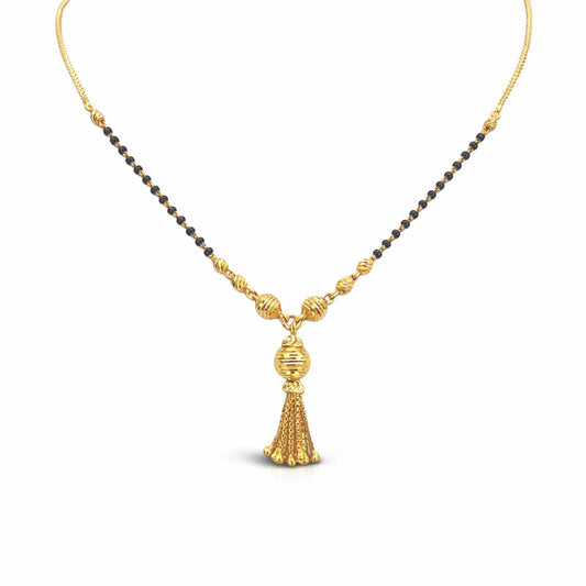 22ct Yellow Gold Diamond-Cut Textured Bead Tassel Drop Black Bead Mangalsutra Necklace  Gold Mangalsutra