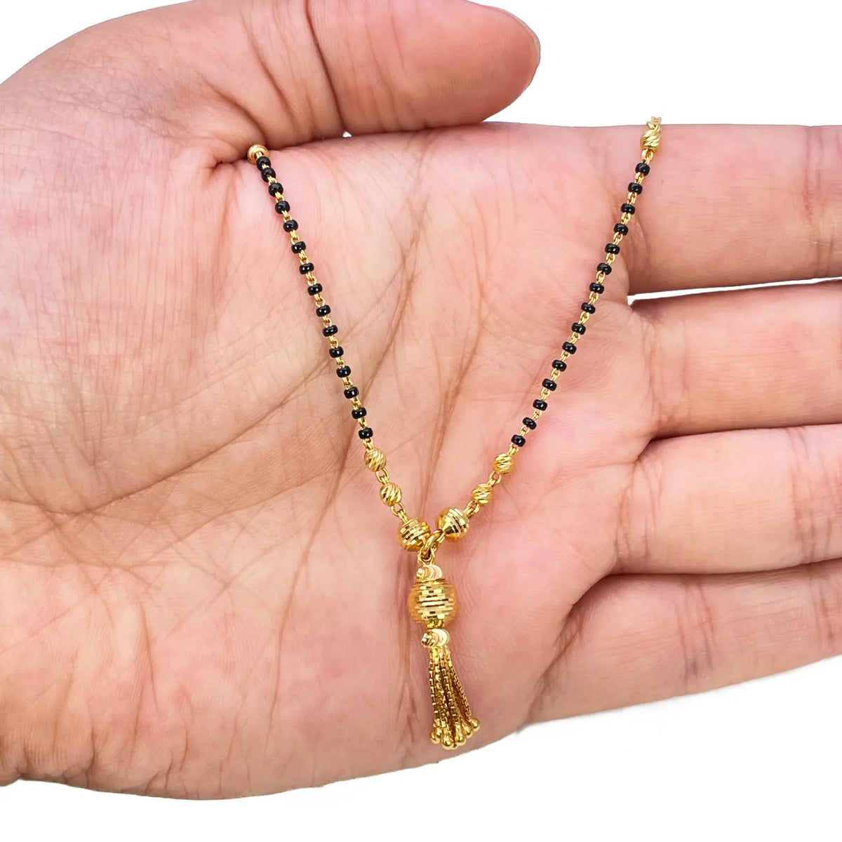 22ct Yellow Gold Diamond-Cut Textured Bead Tassel Drop Black Bead Mangalsutra Necklace  Gold Mangalsutra