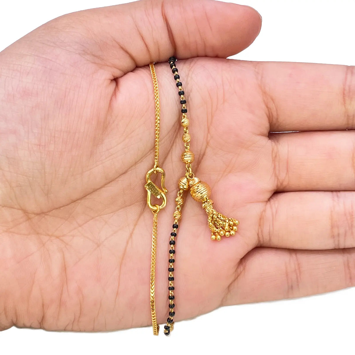 22ct Yellow Gold Diamond-Cut Textured Bead Tassel Drop Black Bead Mangalsutra Necklace  Gold Mangalsutra
