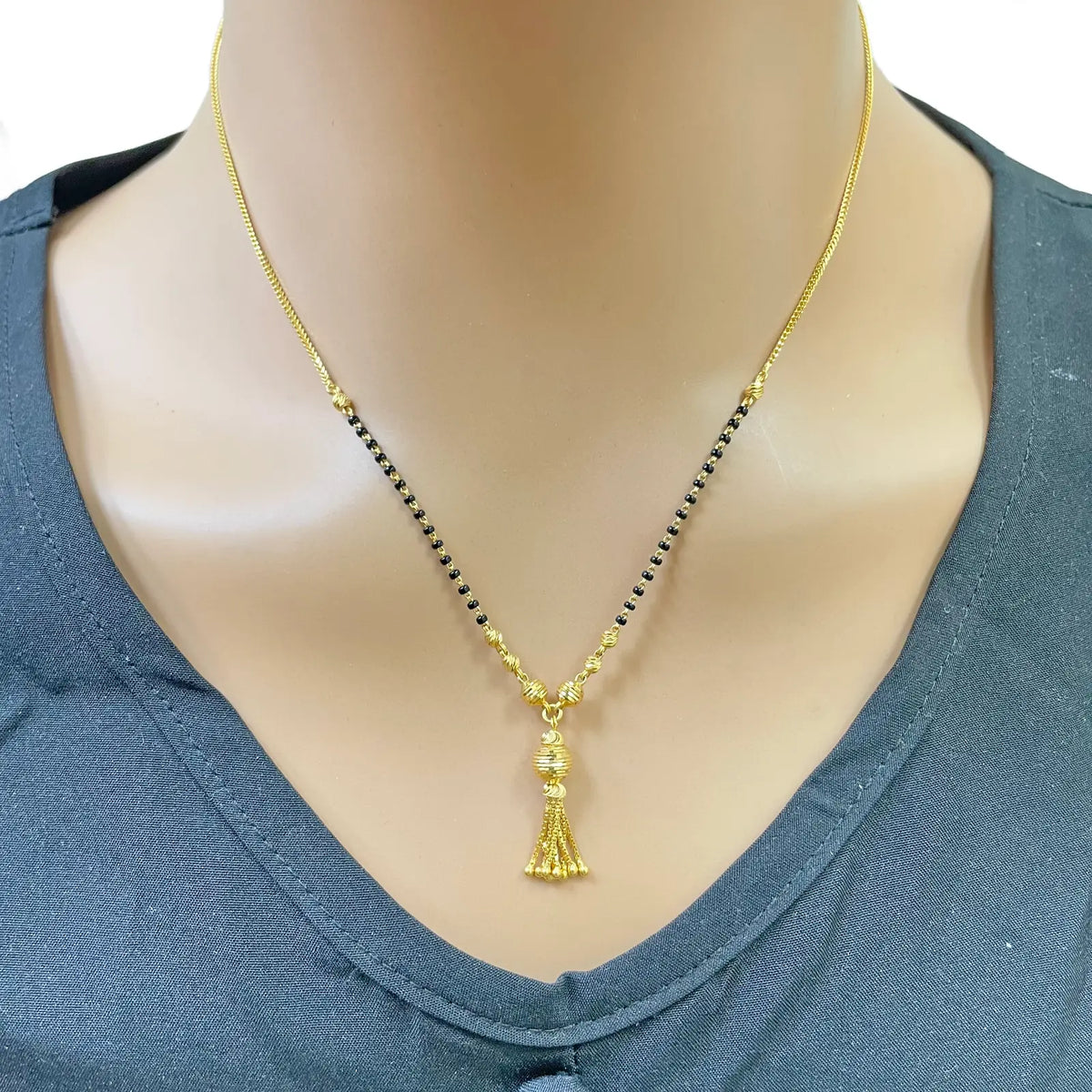 22ct Yellow Gold Diamond-Cut Textured Bead Tassel Drop Black Bead Mangalsutra Necklace  Gold Mangalsutra