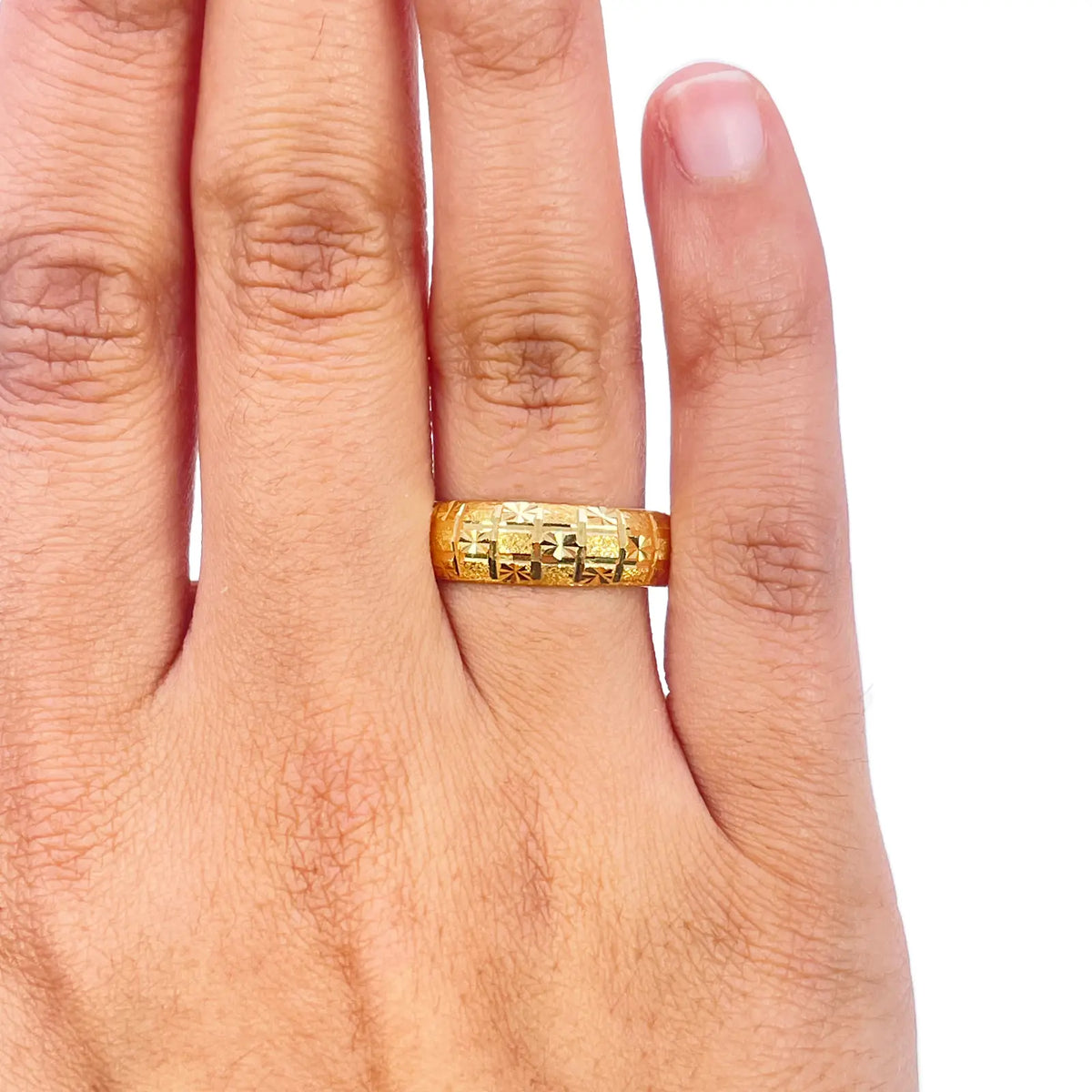 22ct Yellow Gold Diamond-Cut Textured D-Shape Band Ring  Gold Band