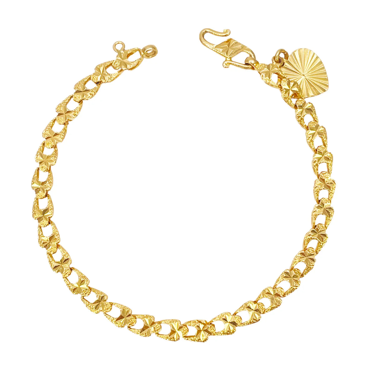 22ct Yellow Gold Diamond Cut Textured Link Bracelet & Heart Charm 