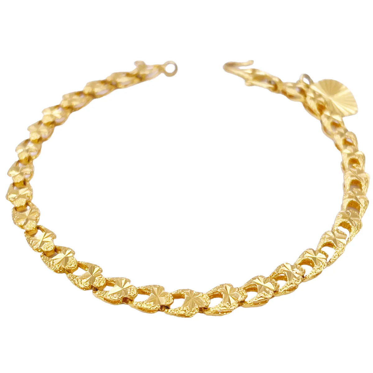 22ct Yellow Gold Diamond Cut Textured Link Bracelet & Heart Charm 