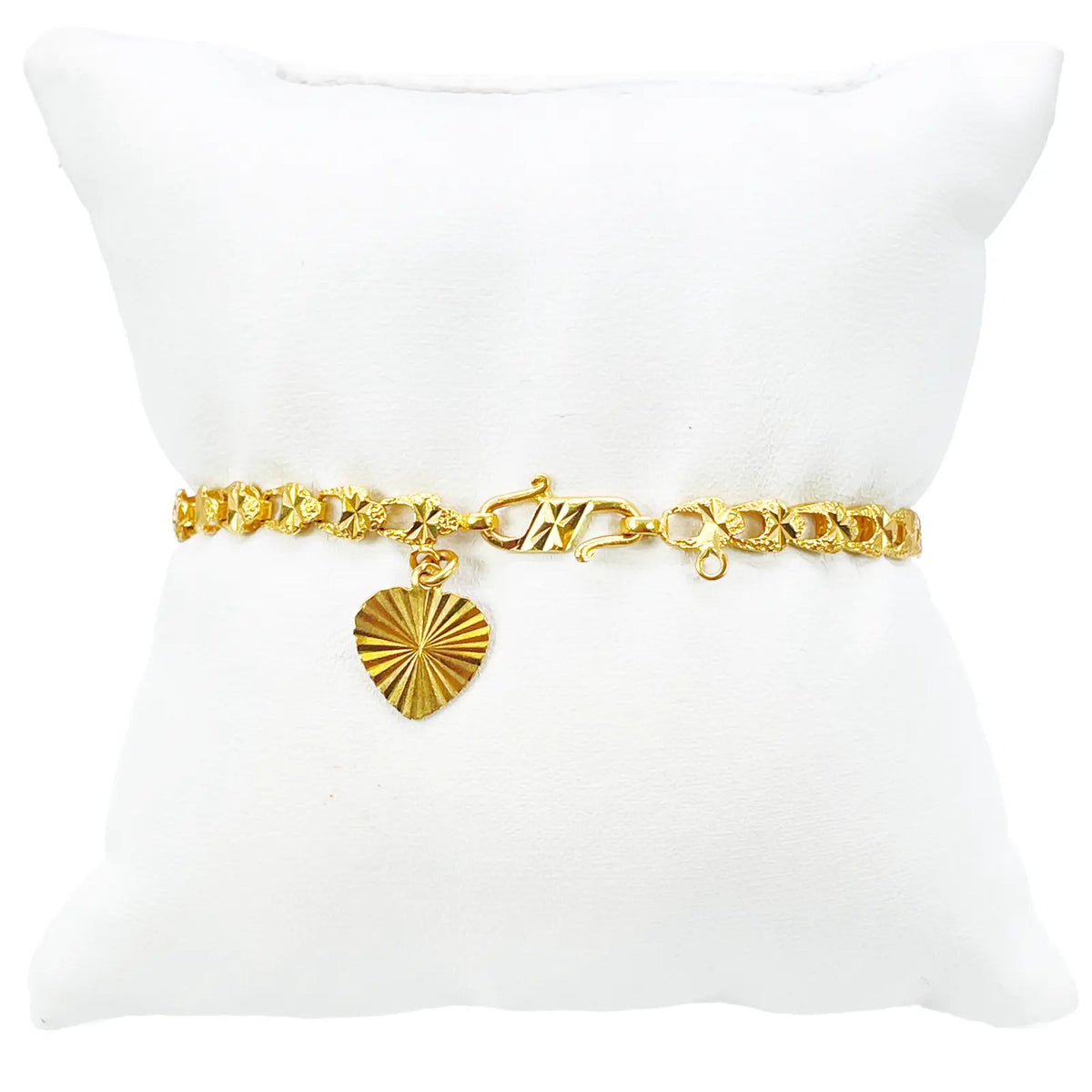 22ct Yellow Gold Diamond Cut Textured Link Bracelet & Heart Charm 