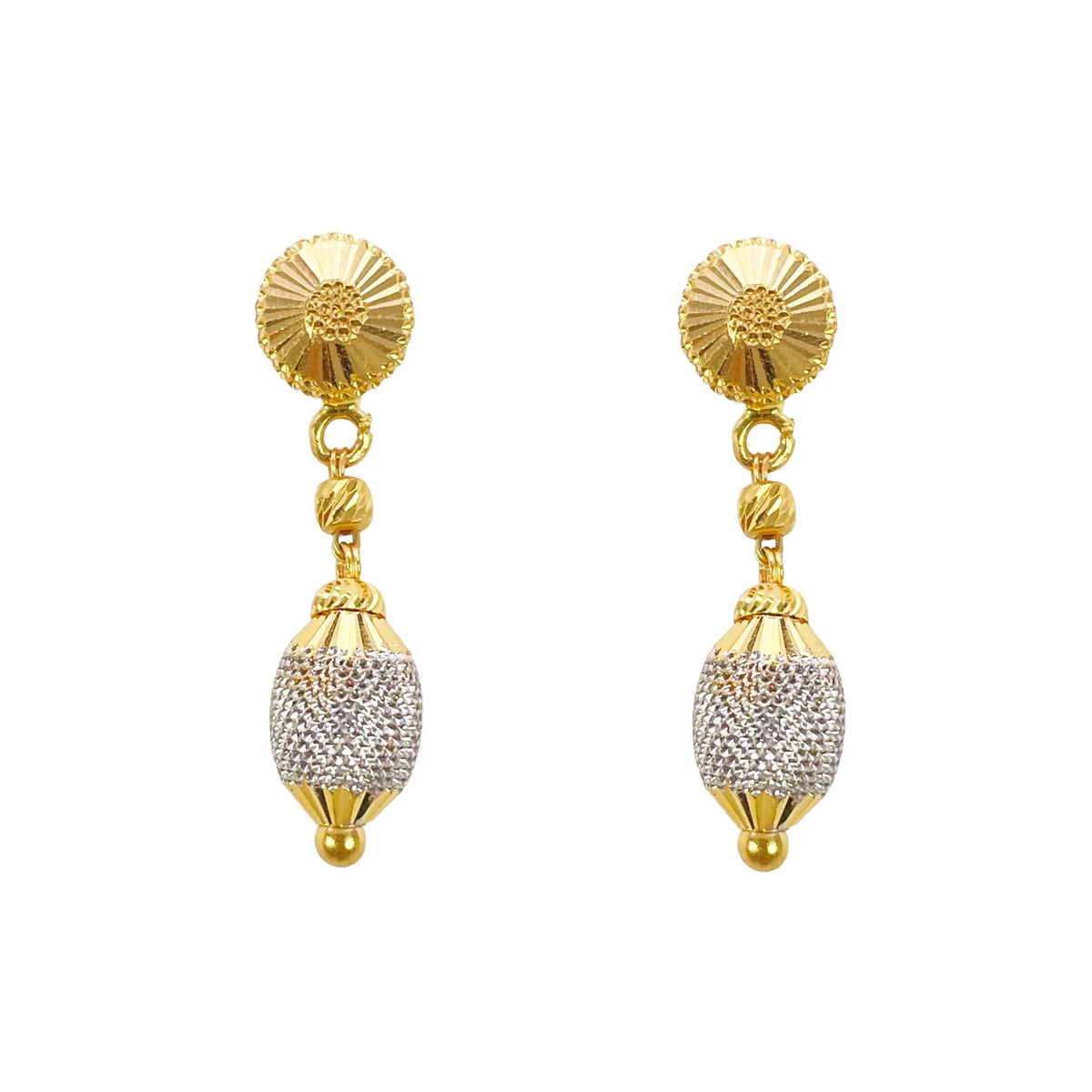 22ct Yellow Gold Diamond-Cut Textured Two-Tone Drop Earrings  Gold Earrings