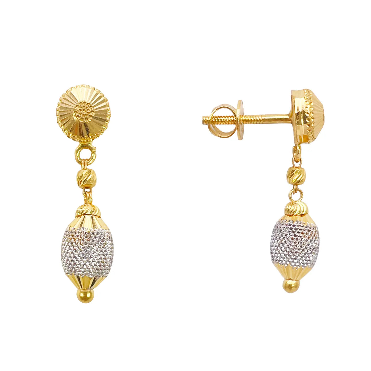 22ct Yellow Gold Diamond-Cut Textured Two-Tone Drop Earrings  Gold Earrings