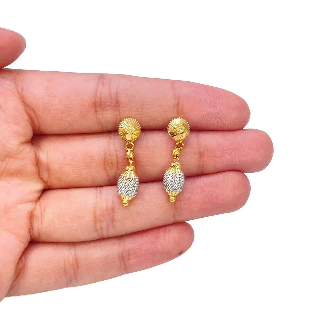 22ct Yellow Gold Diamond-Cut Textured Two-Tone Drop Earrings  Gold Earrings