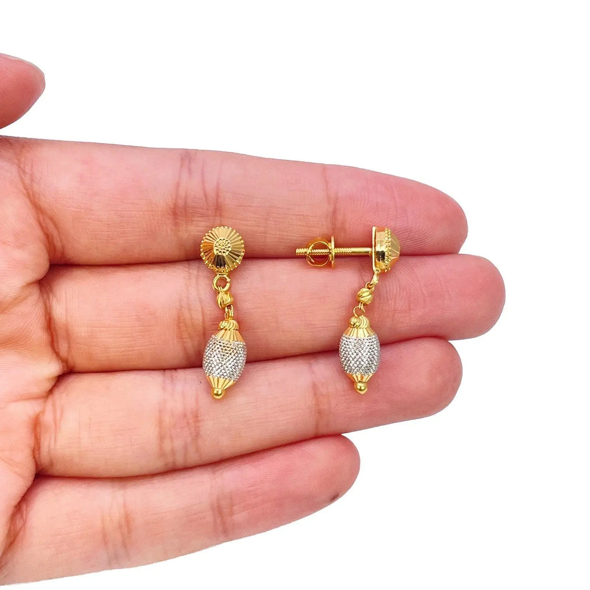 22ct Yellow Gold Diamond-Cut Textured Two-Tone Drop Earrings  Gold Earrings
