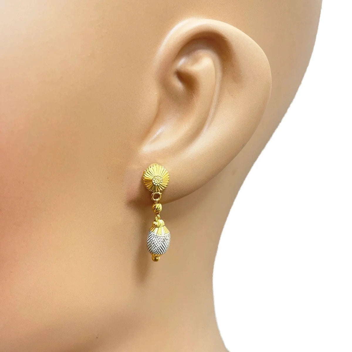 22ct Yellow Gold Diamond-Cut Textured Two-Tone Drop Earrings  Gold Earrings