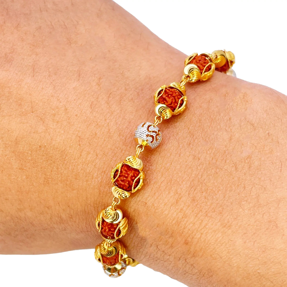 22ct Yellow Gold Diamond Cut Two-Tone Rudraksha Bracelet 8.8 Inches 7mm Width 
