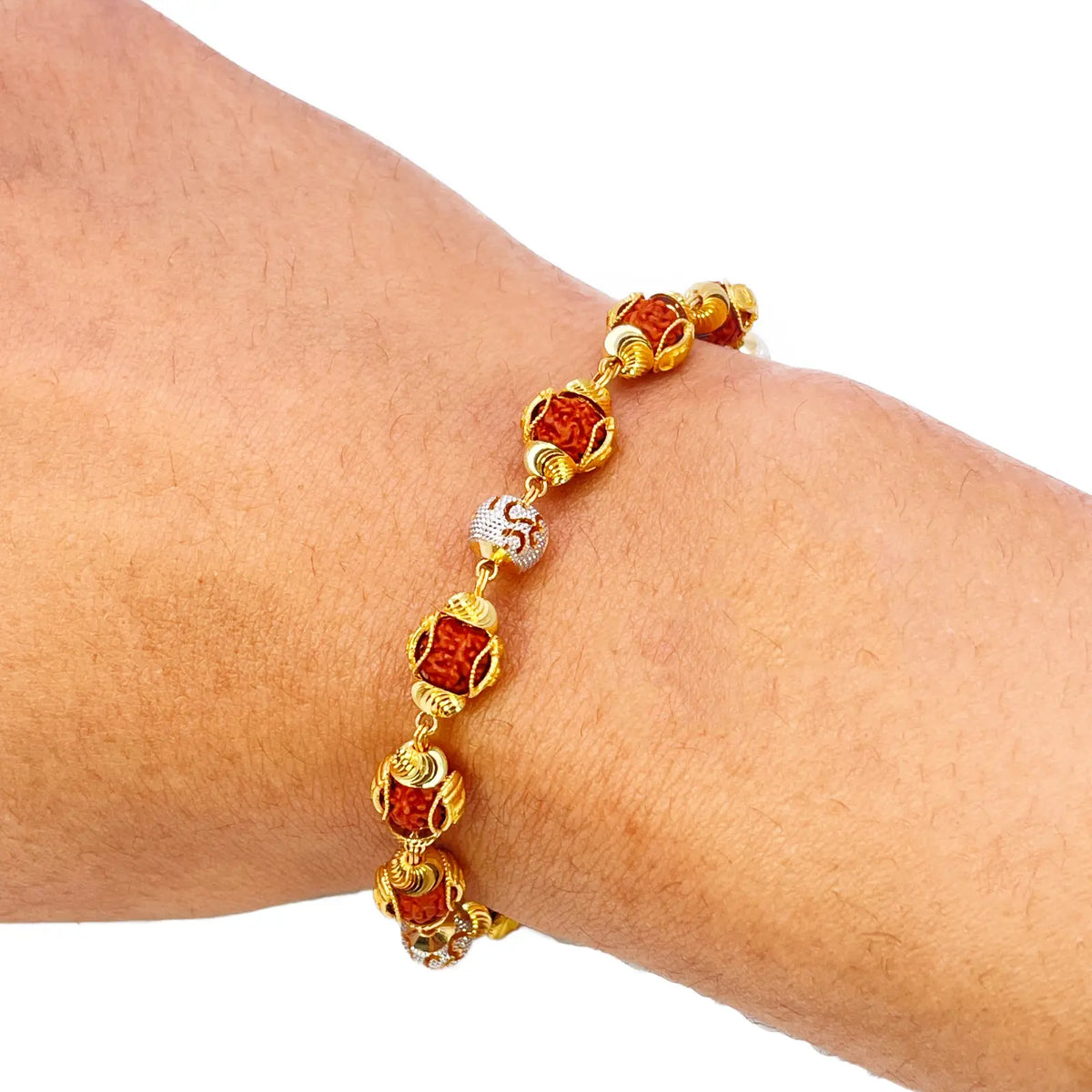 22ct Yellow Gold Diamond Cut Two-Tone Rudraksha Bracelet 8.8 Inches 7mm Width 
