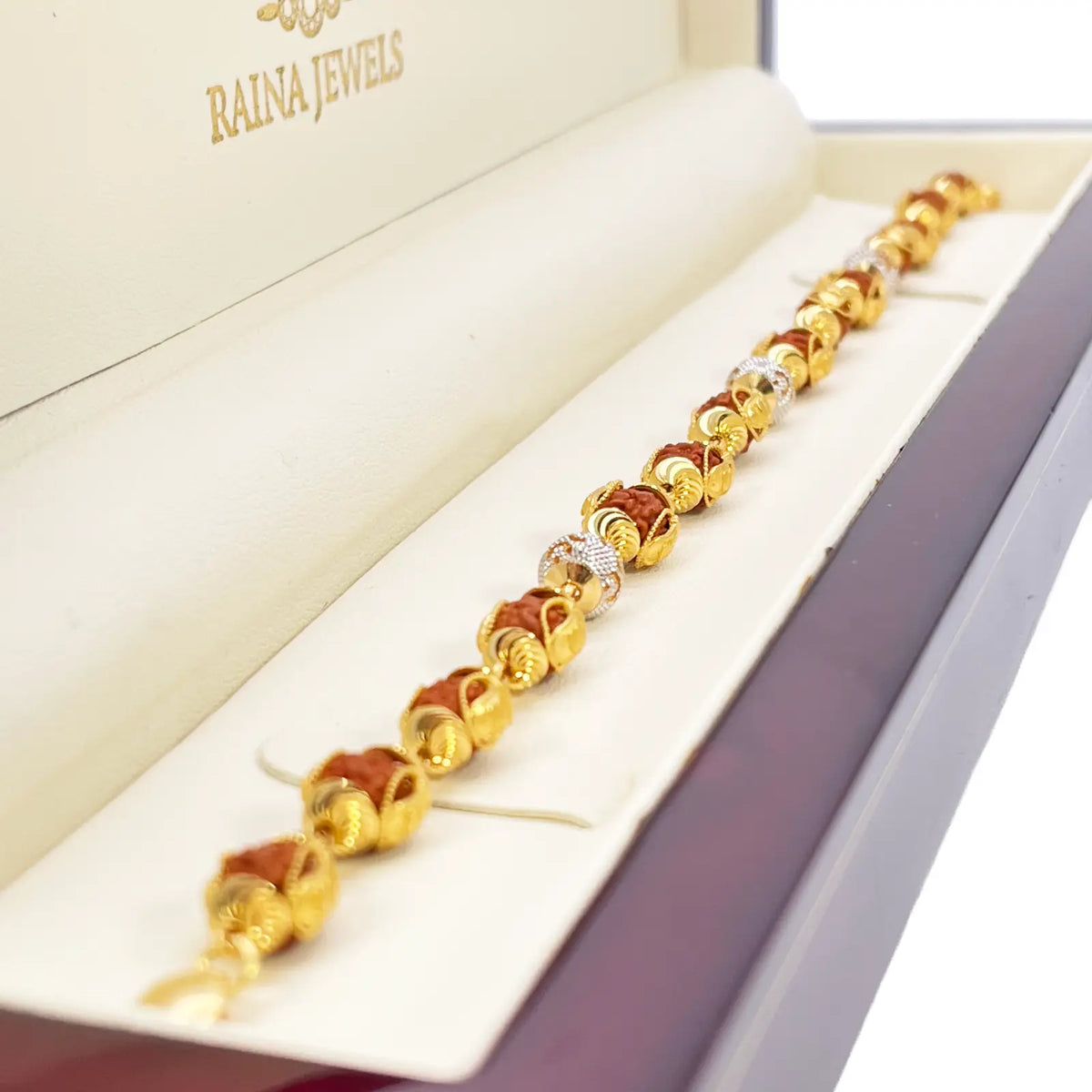 22ct Yellow Gold Diamond Cut Two-Tone Rudraksha Bracelet 8.8 Inches 7mm Width 