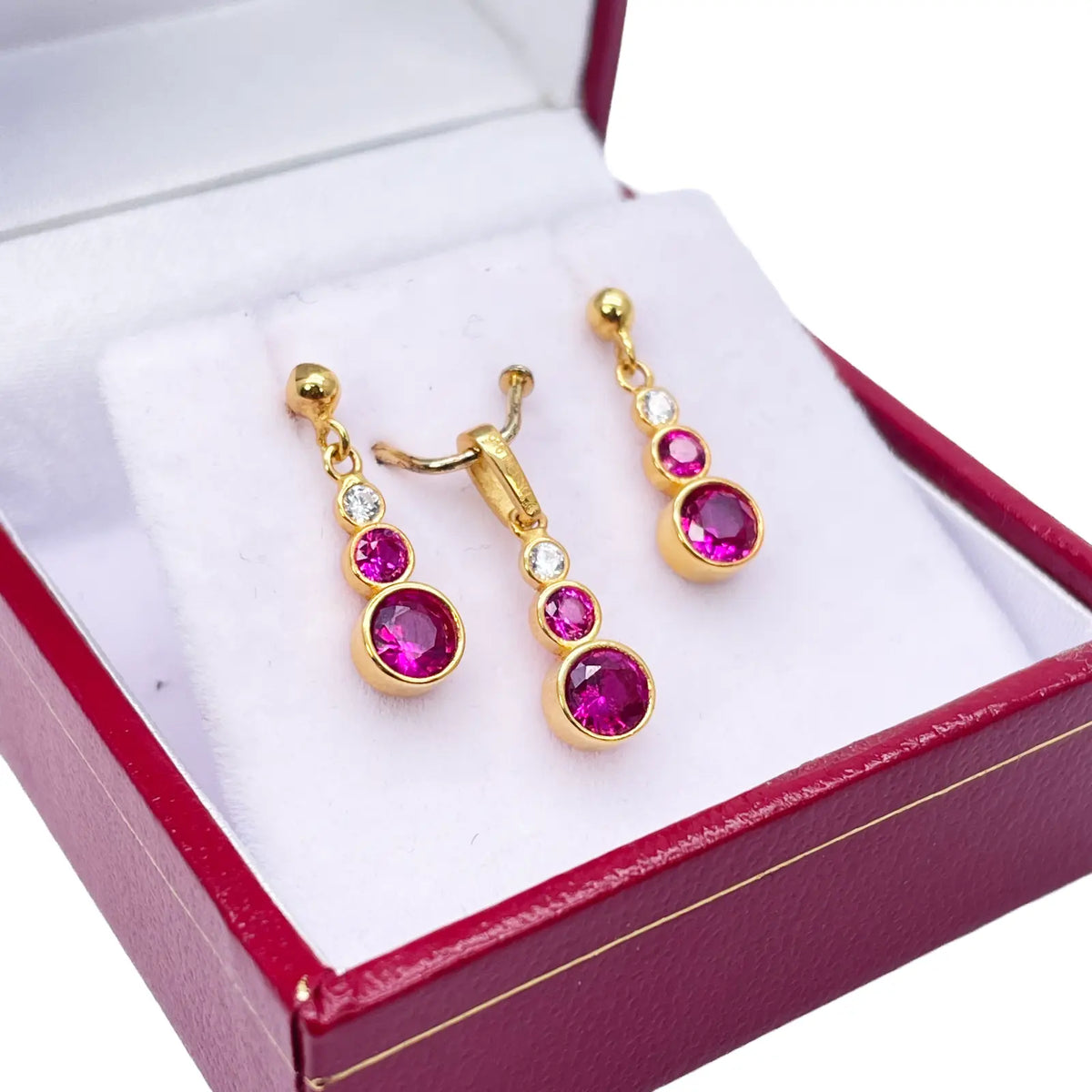 22ct Yellow Gold Drop Red Bubble Pendant & Chain With Matching Drop Earrings 