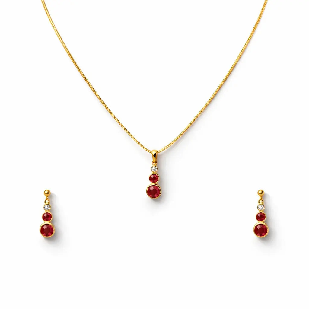 22ct Yellow Gold Drop Red Bubble Pendant & Chain With Matching Drop Earrings  Gold Necklace