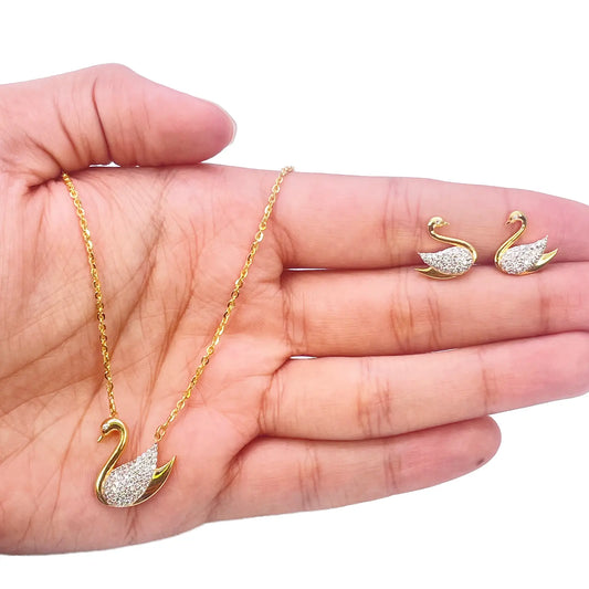 22ct Yellow Gold Elegant Swan Cubic Zirconia Necklace 18 inches & Matching Stud Earrings Set 