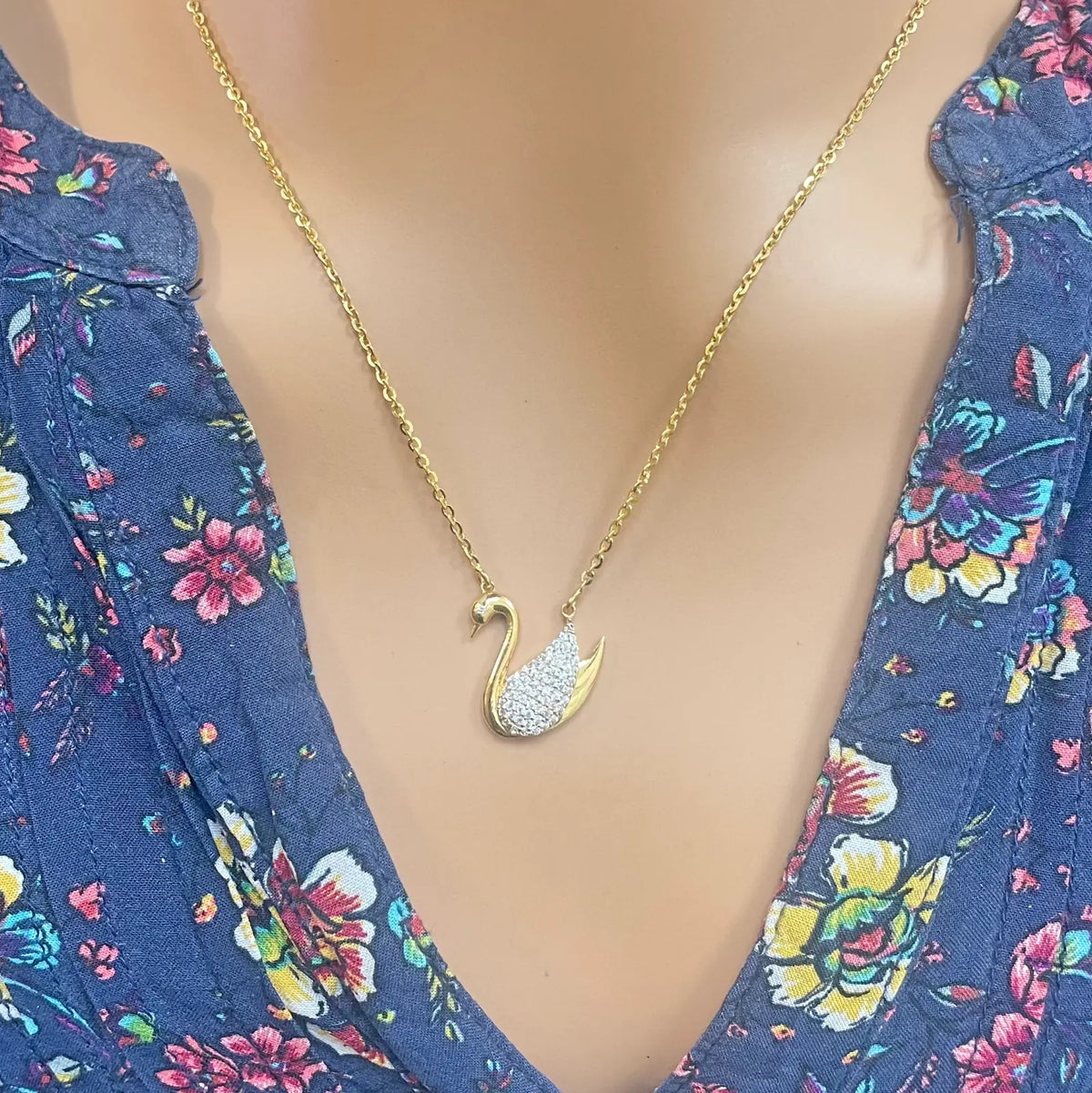 22ct Yellow Gold Elegant Swan Cubic Zirconia Necklace 18 inches & Matching Stud Earrings Set 