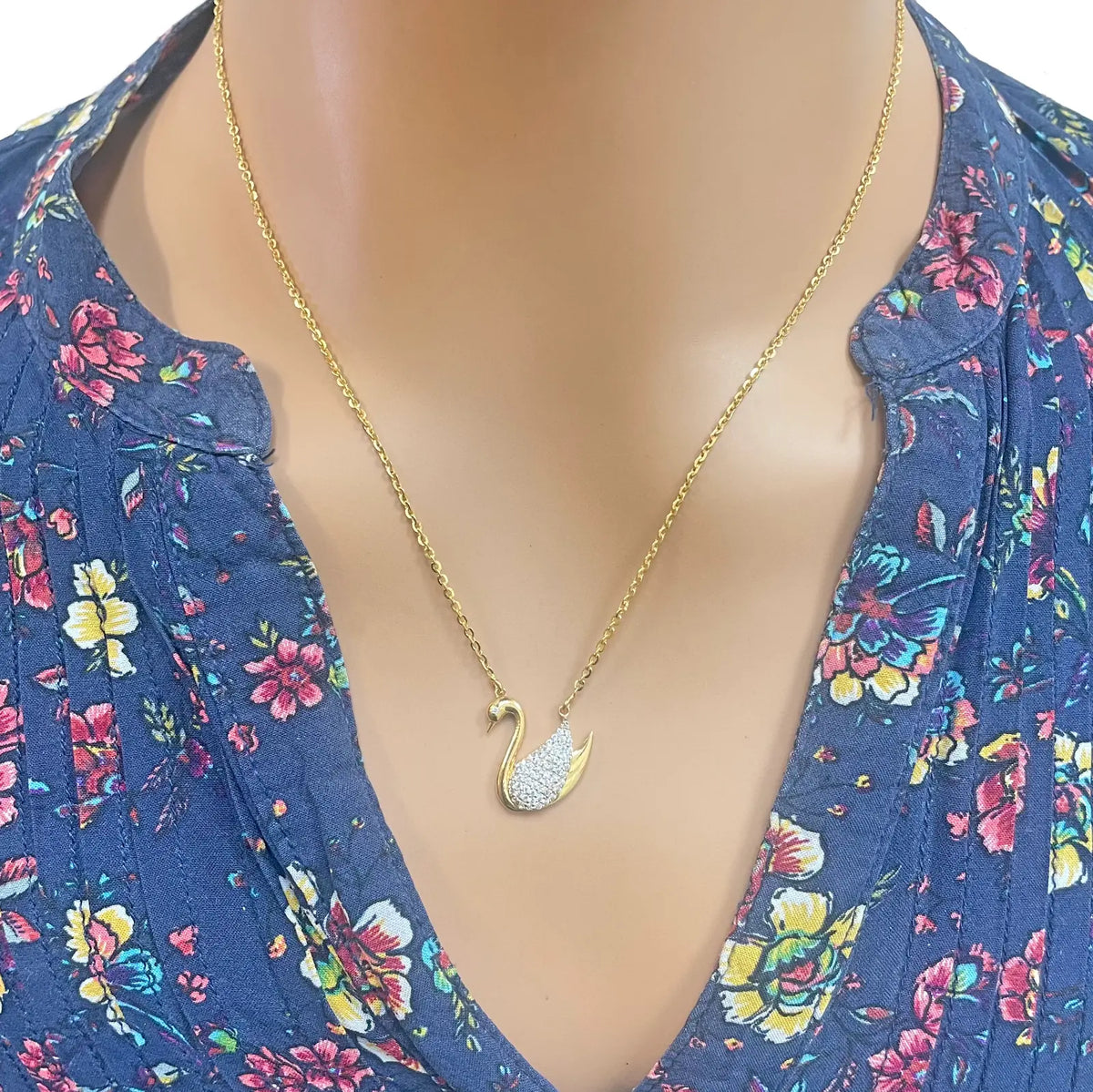 22ct Yellow Gold Elegant Swan Cubic Zirconia Necklace 18 inches & Matching Stud Earrings Set 