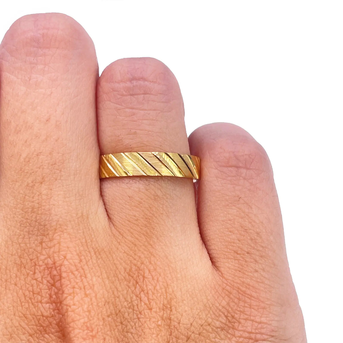 22ct Yellow Gold Fancy Diamond Cut, Polished & Textured Stripes Women's Band 4mm 
