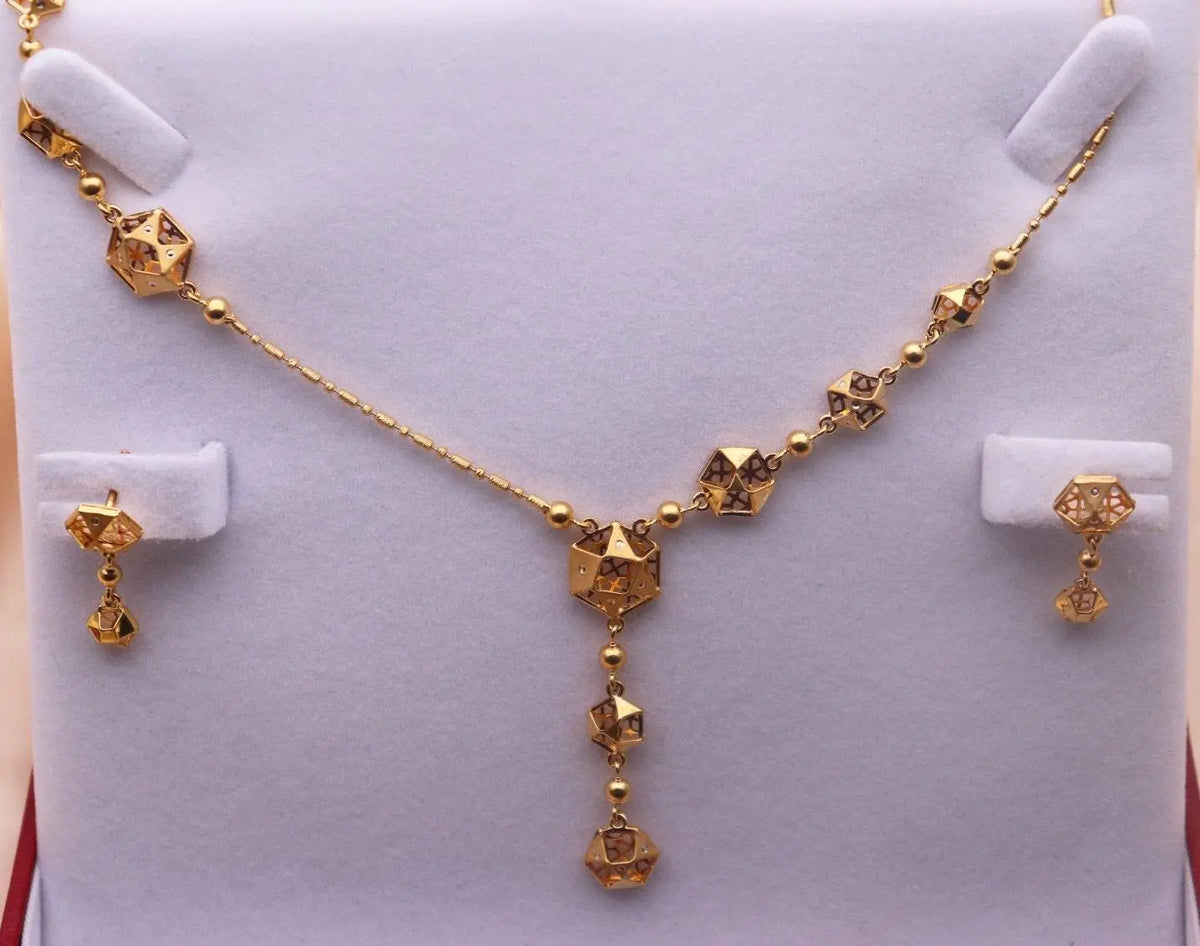 22ct Yellow Gold Fancy Hexagonal Design 18 inch Necklace And Drop Earrings Set 