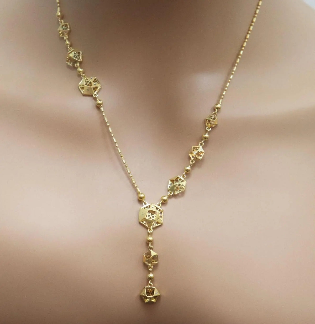22ct Yellow Gold Fancy Hexagonal Design 18 inch Necklace And Drop Earrings Set 