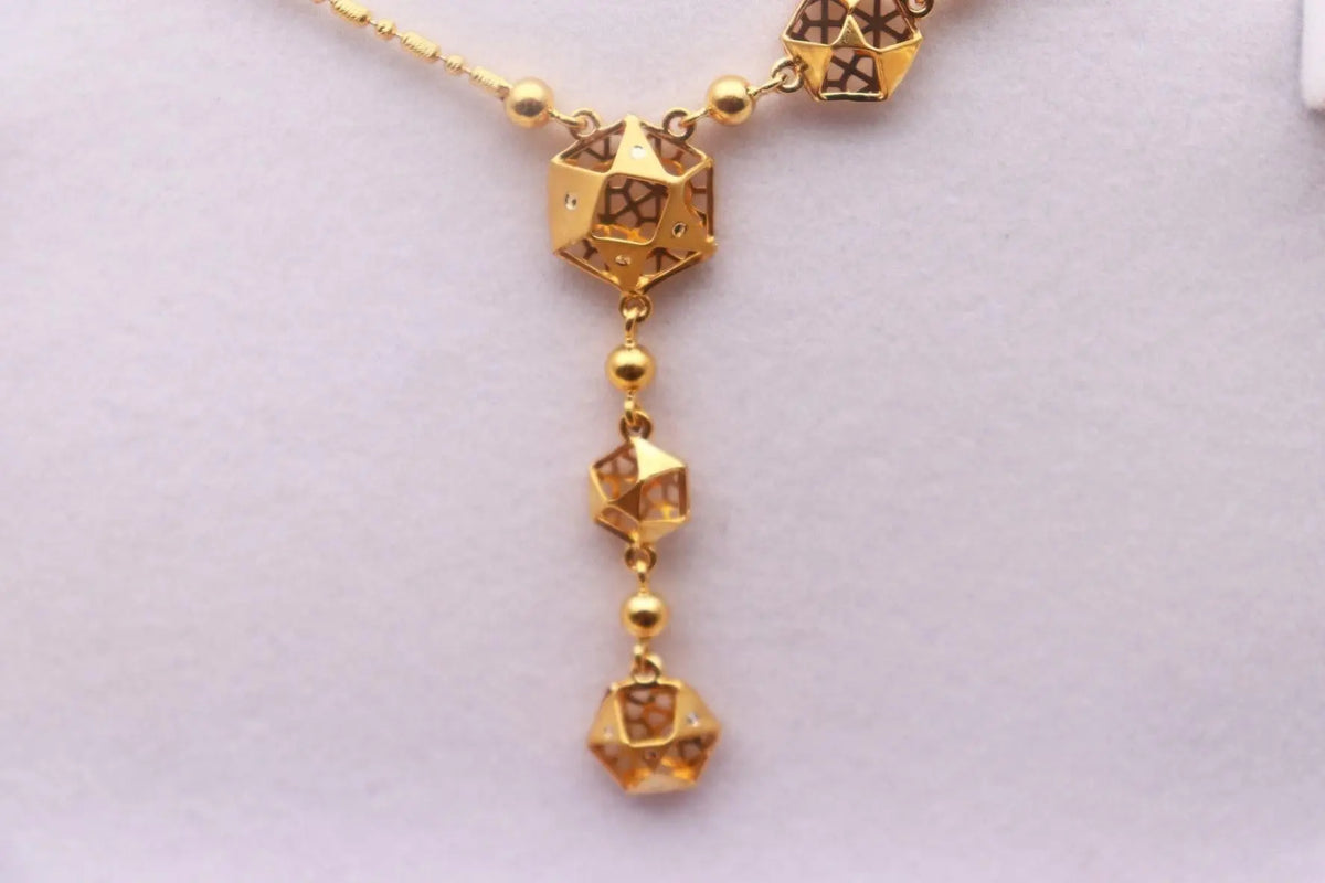 22ct Yellow Gold Fancy Hexagonal Design 18 inch Necklace And Drop Earrings Set 