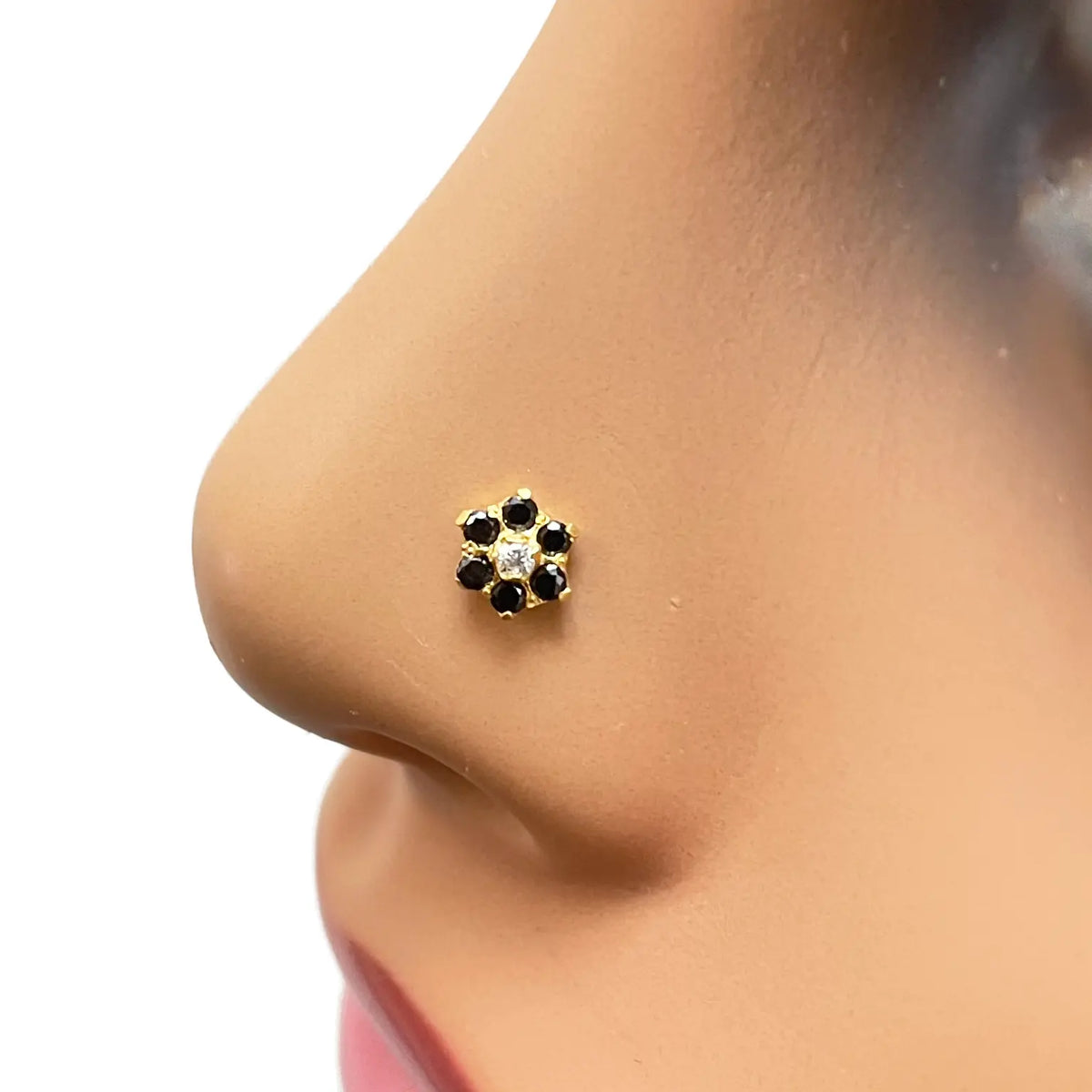 22ct Yellow Gold Floral Black Cubic Zirconia Stone Nose Pin/Stud 5mm Width 