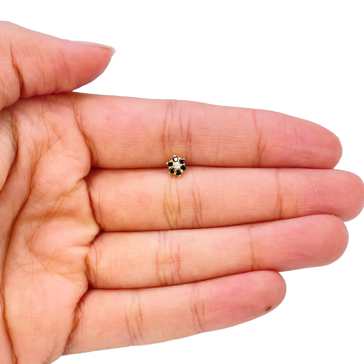 22ct Yellow Gold Floral Black Cubic Zirconia Stone Nose Pin/Stud 5mm Width 