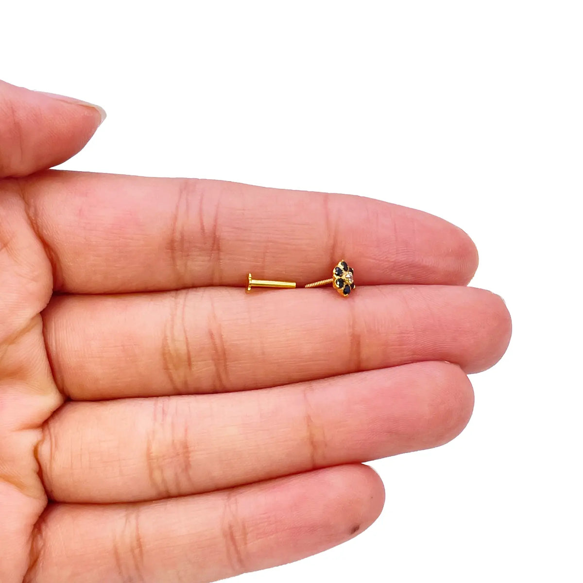 22ct Yellow Gold Floral Black Cubic Zirconia Stone Nose Pin/Stud 5mm Width 