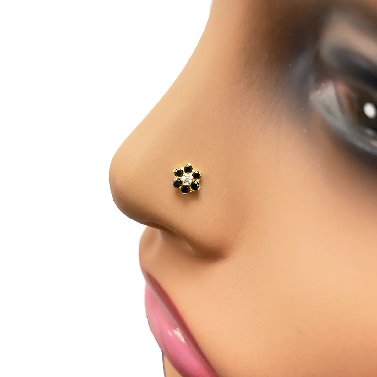 22ct Yellow Gold Floral Black Cubic Zirconia Stone Nose Pin/Stud 5mm Width 